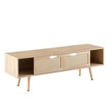 Wicker TV Cabinet With Double Sliding Doors, Storage Space, Adjustable Shelves And Solid Wood Legs. TV Cabinet For The Living Room, Natural Wood Look - H45/W1400/D40 Cm, 140 X 45 X 40 Cm - Multicolor - View 5