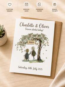 Custom Pebble Couple Engagement Greeting Card, Personalized Names & Date & Text, Tree Scene Keepsake Card, Romantic Gift For Proposal, Engagement Party, Sweet Art Card To Celebrate Newly Engaged Couple - Multicolor - View 6