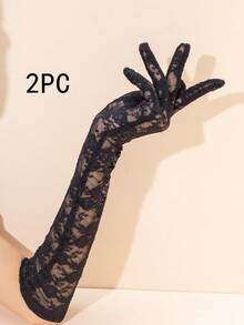 Rose Lace Evening Dress Long Gloves 1 Pair/2 Pairs/10 Pairs - Black - View 8