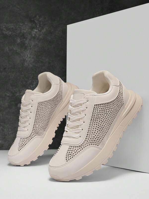Men's Metal Punk Style Rhinestone Decorated Low-Top Sneakers, Shiny Heel And Toe, Black Patchwork With Randomly Distributed Diamonds, Round Toe, Non-Slip, Breathable, Soft Sole, Durable, Suitable For Casual, Sports, Running, Stage, Party, All Seasons