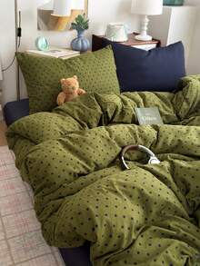 4-Piece Olive Green & Navy Blue Polka Dot Print Bedding Set, Contrast Pillowcase Design, Soft & Comfortable All-Season Bedding Set Including 1 Duvet Cover, 1 Bed Sheet, 2 Pillowcases, No Filling, Suitable For Dorm, Bedroom, Home Use, Multiple Size Options - Olive Green - View 7