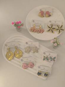 2/4/6/8 Pairs Abstract Curve Pearl Butterfly Earrings Set, French Vintage Gold Stainless Steel Enamel Dangle, Daily Date, Valentine Mother Gift - Gold - View 9