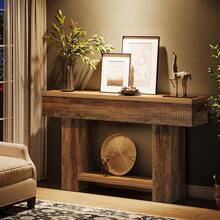 LITTLE TREE 140cm Farmhouse Console Table, 2‑Tier Storage Sofa Table Behind Couch, Rustic Wood Entryway Table For Hallway, Living Room - Brown - View 9