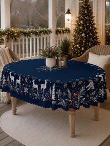1件深藍色聖誕鹿桌布，優雅聚酯纖維長方形桌布，附白色馴鹿、雪花、松枝與星星邊框，適用於廚房裝飾、居家裝飾、房間裝飾、聖誕家居裝飾與教室裝飾 - 彩色 - 查看 7