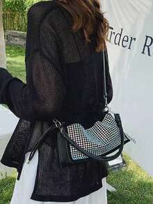 Japanese & Korean Style Niche Design Ins Diamond Shoulder Bag Crossbody Versatile Fashion Handbag Drawstring Fully Rhinestone Commute Outing Daily Shopping Women's Shoulder Bag - Black - View 4