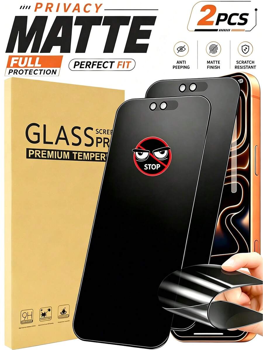 2pcs Matte Anti-Peeping Screen Protector, Compatible With IPhone 18 Pro/18 Pro Max/17 Pro Max/17 Air/17/16 Pro Max/16 Plus/16/15 Pro Max/14/13/12/11/X/XS/XR/XS Max, Full Coverage, Privacy Protection, Ceramic Soft Film, Matte Texture, Anti-Fingerprint, Smooth Touch - Black - View 1