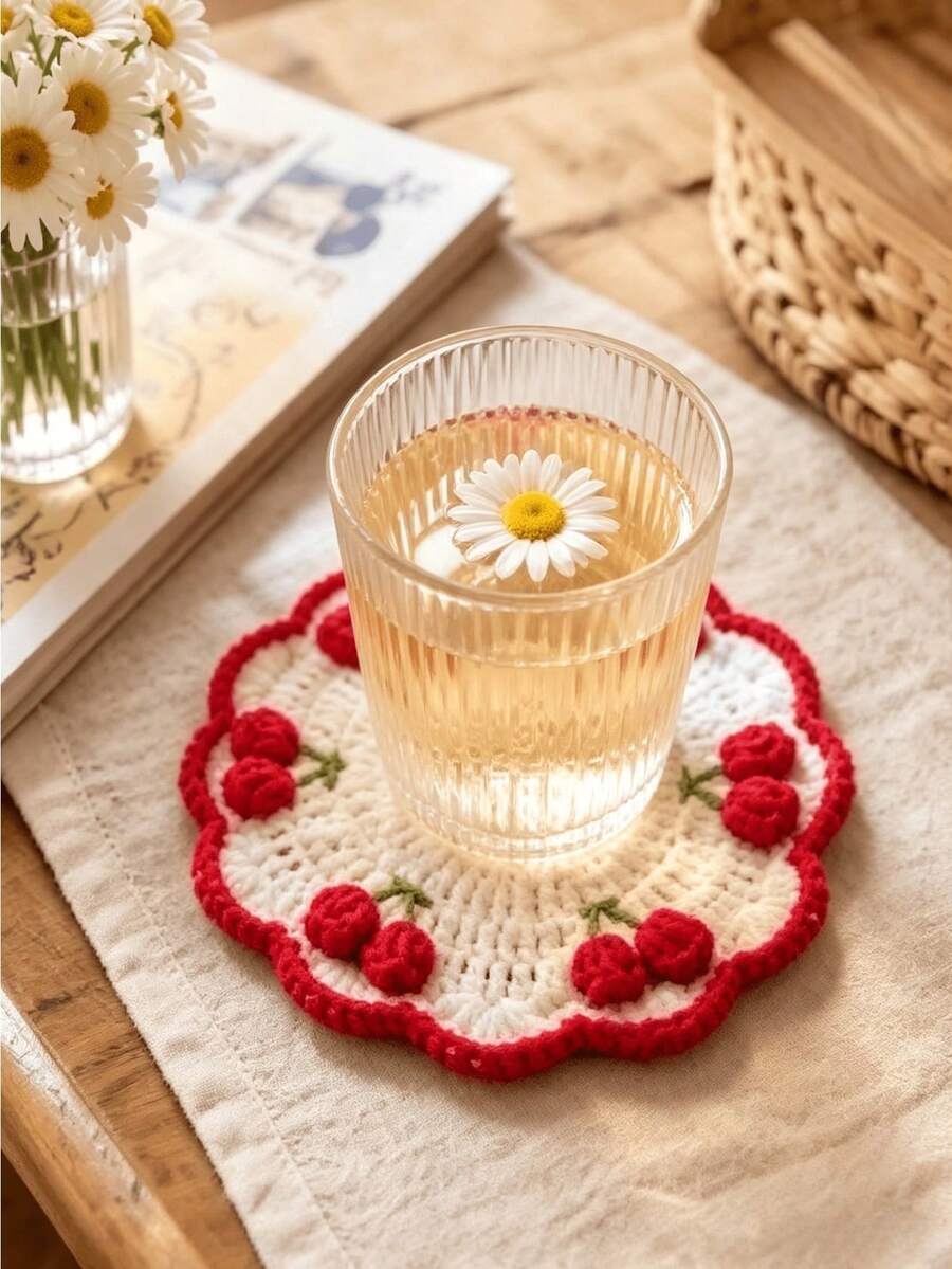 Cute Cherry Element Decorated Coaster, Vintage Style Desktop Accessory, Fashionable Tea Cup Coffee Cup Desktop Decoration, Suitable For Home Daily Decoration Matching - Multicolor - View 1