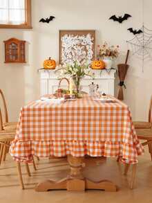 1pc Vintage Halloween Atmosphere Orange & White Plaid Ruffle Edge Tablecloth, Washable And Reusable, Suitable For Daily Home, Family Gathering, Holiday Party, Outdoor Picnic, Cafe Decor - Orange - View 1