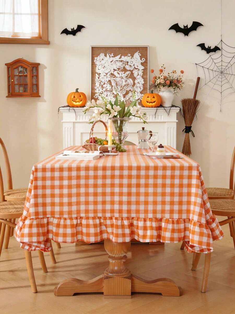 1pc Vintage Halloween Atmosphere Orange & White Plaid Ruffle Edge Tablecloth, Washable And Reusable, Suitable For Daily Home, Family Gathering, Holiday Party, Outdoor Picnic, Cafe Decor - Orange - View 1