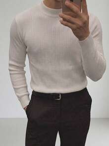 Men's Solid Color Semi-High Neck Textured Knit Sweater, Autumn/Winter Daily Commute Layering Inner Wear, Mature Style Pullover Vertical Ribbed Base Layer Top - White - View 2
