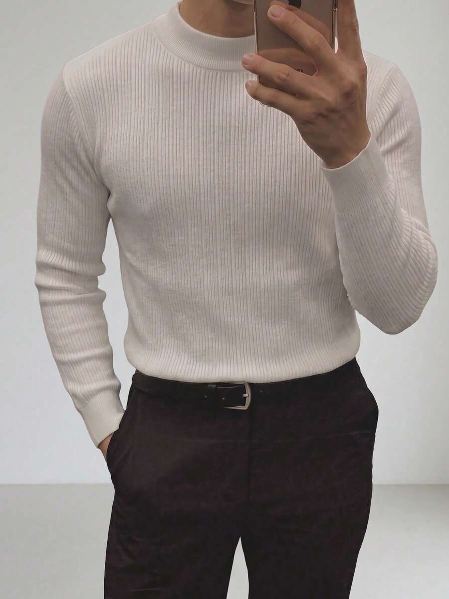 Men's Solid Color Semi-High Neck Textured Knit Sweater, Autumn/Winter Daily Commute Layering Inner Wear, Mature Style Pullover Vertical Ribbed Base Layer Top - White - View 1