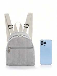 1pc Mini Cute Solid Color Corduroy Backpack, Suitable For Girls, Travel, Vacation, Holiday Gift - Grey - View 3