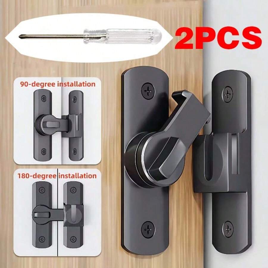 2-Piece Set (1 Heavy-Duty Security Door Lock Handle + 1 Screwdriver), Commercial/Residential Grade Security Bolt Lock With Anti-Pry Function, Adjustable Sliding Insert, 90°/180° Bi-Directional Rotation, Fits Left/Right Doors, Installable At Any Angle, Includes Full Set Of Mounting Screws, Pure Manual Operation, Reinforced Durable Metal Structure, Anti-Gap Design To Prevent Prying Open From Door Gap, Easy Installation, Suitable For Swing Doors, Sliding Doors, Bathrooms, Bedrooms, Homes, Rental Properties, Shops, Warehouses And More - Multicolor - View 1