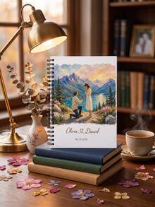 1pc Custom Couple Photo And Text Spiral Notebook, Custom Oil Painting Proposal Scene Journal, Unique Engagement Keepsake Gift For Fiancé Fiancée Wedding Memory Book - Multicolor - View 3