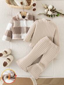 Baby Girls Winter Clothes 3-Piece Set Solid Color Ribbed Slim Fit Outfit + Plaid Fuzzy Collar Jacket - Apricot - View 2