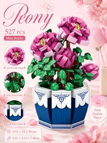1 Set 527PCS Peony Flower Mini Building Blocks, Pink Potted Plant Botanical Building Block Set, DIY Creative Build, Desk Display Decor, Home Office Shelf Ornament, Gift Idea - Clear - View 2