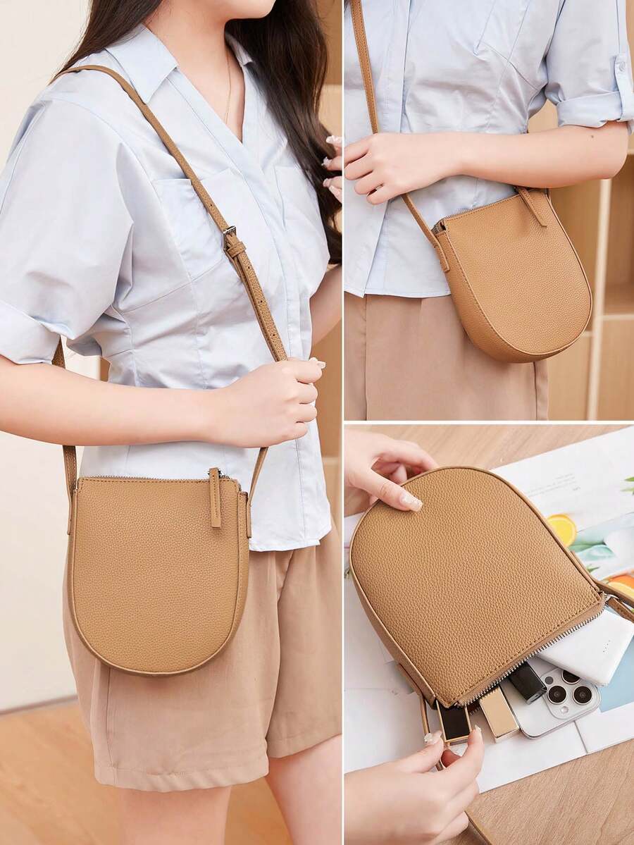 MIYIN Solid Pebbled Half-Round Phone Crossbody Purse, Zipper Storage With Multiple Compartments, Adjustable Strap Mini Bag For Commute & Casual Wear