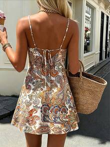 Vuslat Women's Autumn French Vintage Paisley Paisley Floral Print Spaghetti Strap Strap Short Dress, Retro Color-Block Paisley Full Print Pattern, Back V-Shaped Hollow Lace-Up Waist Design, Adjustable Spaghetti Strap With Tie Decoration, Holiday Outfit, Summer Beach Vacation, City Street Shopping, French Cafe Date, Afternoon Tea Outing, Festival Outfit, Mexican Parade Outfit, Country Music Concert Outfit - Multicolor - View 4