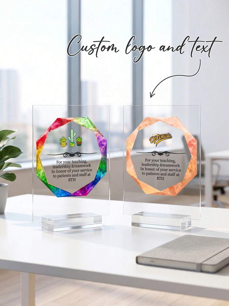 1pc Personalized Award Plaque With Stand, Custom Logo And Text Octagon Marble Pattern Trophy, Customizable Desktop Honor Plaque For Corporate Employee Appreciation, Retirement, Award Ceremony Souvenir - Multicolor - View 1