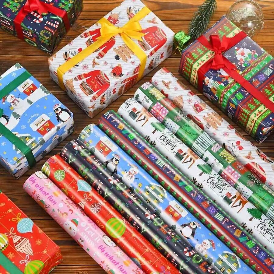 34/68/106pcs Christmas Gift Wrapping Paper(Includes Stickers), Cute Santa Claus Christmas Hat Christmas Snowman Wrapping Paper,Various Patterns - Style a - View 1