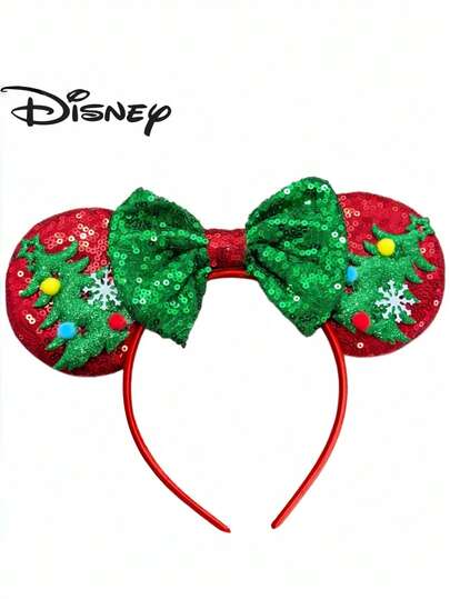 Disney 迪士尼聖誕樹米奇耳朵髮箍，紅色亮片、綠色蝴蝶結、雪花圖案，女款冬季節日 Cosplay 髮箍