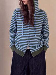 Women's Winter Casual Minimalist Vintage Striped Hooded Cardigan Jacket - Blue - View 5