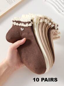20/10/5 Pairs Heart Pattern Maillard Color Cute Women's Bubble Lace Short Socks, Comfortable Breathable Moisture-Wicking, Suitable For Sports And Casual Wear - Brown - View 12