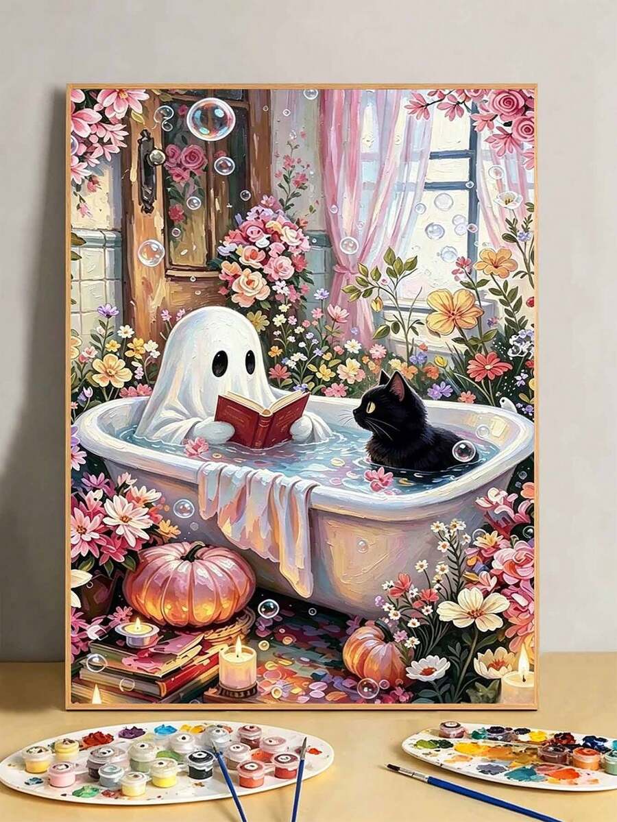 DIY Cute Spiritual Floral Bathtub Black Cat Digital Oil Painting Set (Unframed 8x12 / 16x20 Inch) Acrylic Paint, Suitable For Adult Beginners, Home Wall Decor, Creative Holiday Gift - Sets - View 1