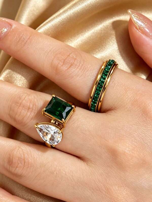 2pcs Stainless Steel 18K Gold Plated Emerald Zirconia Ring Set, Exquisite Square Diamond & Teardrop Diamond 2-In-1 Rotating Stress Relief Rings, Unique High-End Jewelry Set For Women, Couple Style Suitable For Men And Women