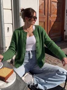 Women's Cardigan Round Neck Single-Breasted Button-Up Long Sleeve Basic Style College Casual Dopamine Bright Color Single Wear Layering Thick Fuzzy Knit Sweater Autumn/Winter - Green - View 4