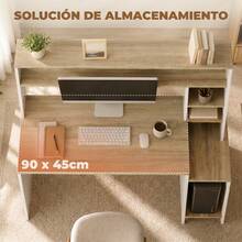 HOMCOM Mesa de Escritorio con Estanterías Mesa de Ordenador Moderna con Estantes Soporte para Monitor CPU de Oficina Estudio 114x45x138 cm Blanco y Natural - A - Ver 4