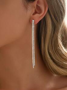 1 Pair Minimalist Blue Rhinestone Tassel Earrings Suitable For Women's Party, Evening Banquet, Stage Performance, Music Festival And Other Occasions - White - View 2