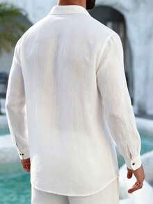Men's Vacation Style White Linen Textured Long Sleeve Button-Down Shirt - White - View 2