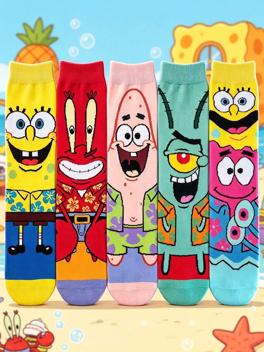 SpongeBob SquarePants 5 Pairs Random Women's Funny Cartoon Socks, Versatile Mid-Calf Couple Socks With And Mr. Krabs Patterns - Multicolor - View 1