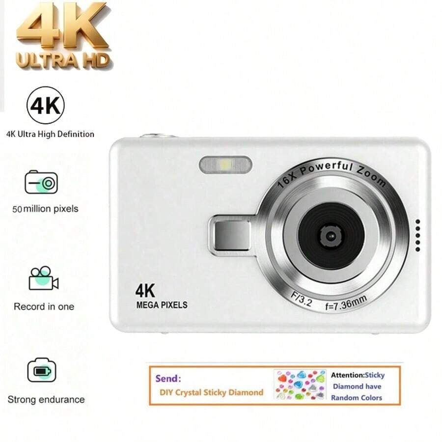 Cámara Digital 4K con Zoom 16x, Pantalla de Alta Definición de 2.4 Pulgadas 50M, Creación de Video de Píxeles, Cámara Digital Compacta, Adecuada para Estudiantes; Cámara CCD, Esencial para Viajes, Pegatinas de Cristal DIY Gratis