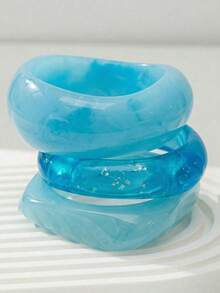 Set de 3 piezas/1 set de pulseras de resina minimalistas y elegantes, en color azul tie-dye, adecuadas para que las mujeres las usen solas o apiladas, apropiadas para uso diario, vacaciones, fiestas y bodas, regalo - Azul - Ver 2