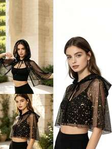 Moon & Star Hooded Cape, Halloween Costume, Black Transparent Mesh Tie-Front Short Cape, Suitable For Photo Shoots - Black - View 4