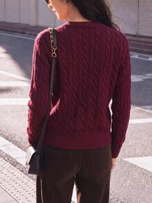 Women's Casual Minimalist Vintage Cable Knit Crew Neck Pullover Sweater, Autumn/Winter - Purplish-red - View 2