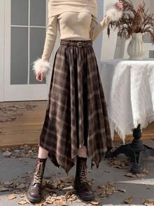 Elegant Women's Mid-Length Asymmetric Plaid Skirt, Woven Non-Stretch Fabric, Creating Fashionable Autumn Outfit - Coffee Brown - View 4