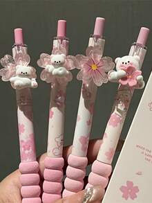 4 PCS Set Of Cherry Blossom Fluffy Bear Soft Grip Click Pens, Healing Milk-Froth Style Black Ink Smooth Flow, 0.5Mm Standard ST Nib Non-Clogging - Multicolor - View 3