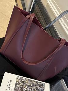 Burgundy Tote Bag For Women, Large Capacity Shoulder Bag, Vintage Textured Commuter Handbag - Burgundy Shoulder Bag - View 2