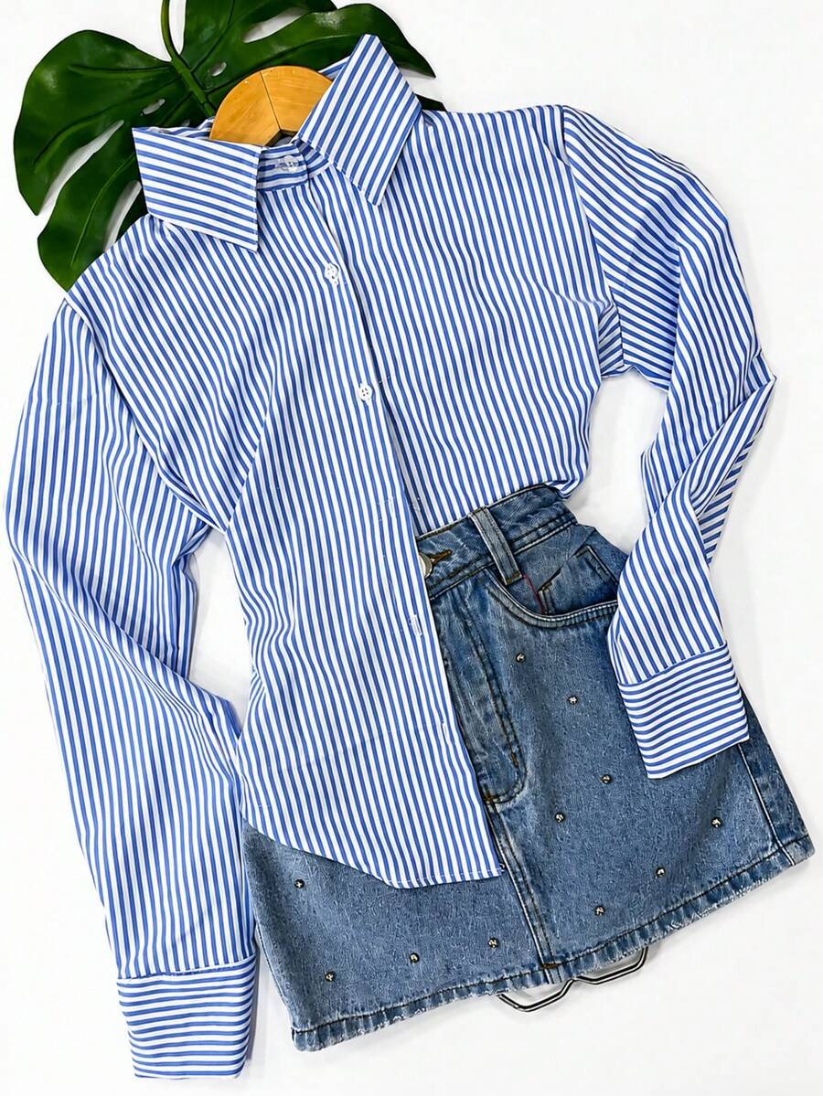 Camisa Social Listrada Manga Longa com Gola Clássica