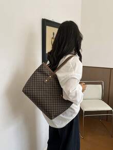 全印花肩背包，母親節禮物，復古字母印花手提包，大容量肩背包，通勤必備腋下包，新款時尚大容量女包 - 棕色 - 查看 7