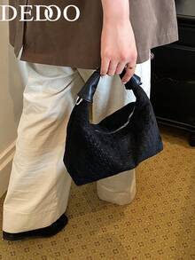 Dedoo 女款腋下包斜跨包，編織壓紋仿麂皮質感，手提式附可拆卸寬肩帶與拉鍊開合，大容量通勤休閒單肩包，適合日常出行與上班族 - 黑色 - 查看 3