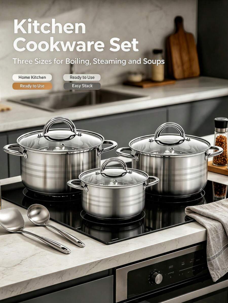 3‑Piece /6‑Piece Cookware Set Optional, Thickened Food‑Grade Stew & Stock Pots, Heat‑Resistant Glass Lid Design, Heat‑Resistant Anti‑Scald Handles, Polished Silver Metal Finish, Glass Lids With Vent Holes, Must‑Have Kitchen Essentials