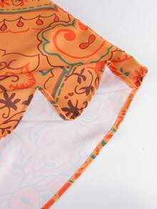 Blusa de mujer talla grande con estampado, mangas con volantes y cuello en V, estampado aleatorio (estampado aleatorio, sin posición fija en la parte delantera y trasera) - Naranja Quemada - Ver 5