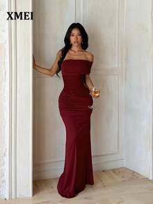 Elegant Women's Burgundy Slim Fit Evening Gown, Long Knit Maxi Dress, Asymmetrical Neckline And Backless Design, Suitable For Autumn Wedding - Burgundy - View 1