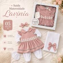 Saida de Maternidade Lavínia Com Caixa Para Bebê Menina 05 peças Roupas de Bebê - Nude - Visão 10