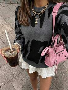 Fashionable Pattern Round Neck Long Sleeve Casual Pullover Sweater, Drop Shoulder Printed Letter Design Fall Elegant - Multicolor - View 2