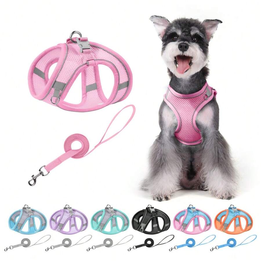 Pechera Arnés Transpirable Cómodo Con Correa Para Perro Gato - Rosa - Ver 1